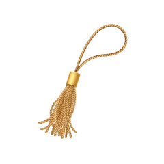Tassel isolated on white background. Vector fringe or handbag accessory. Gold 3d hanging window curtain decoration element design.