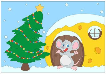 Funny cartoon rat, cheese house and Christmas tree