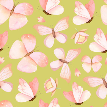 Hand drawn pastel pink butterflies - watercolor seamless pattern © astaru