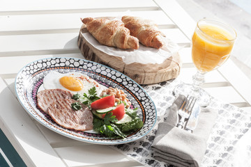 breakfast of fried eggs, croissants