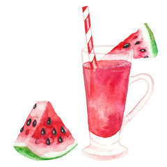 Watermelon smoothie in a glass cup with a fresh slice of watermelon and a straw. Hand drawn watercolor Illustration isolated on white background.
