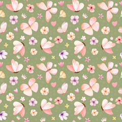 Hand painted watercolor cute pastel butterflies seamless pattern - background. 