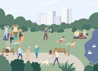 Pensioners, old women, men practise yoga, do nordic walking, selfie, go with dog, have picnic near lake, pond with swans, paint landscape, spend time with grandchild, work at laptop. Vector cartoon.