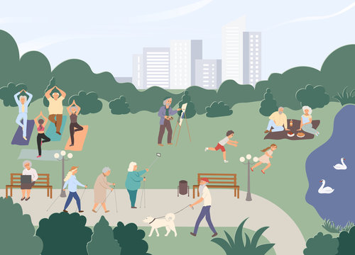 Pensioners, Old Women, Men Practise Yoga, Do Nordic Walking, Selfie, Go With Dog, Have Picnic Near Lake, Pond With Swans, Paint Landscape, Spend Time With Grandchild, Work At Laptop. Vector Cartoon.