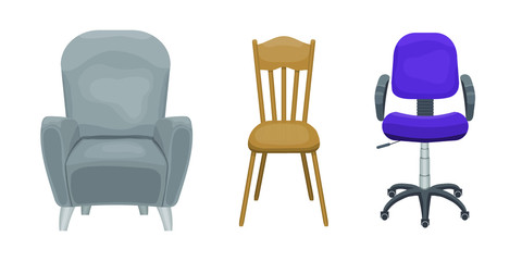 Set of business and home furniture: soft upholstered grey armchair, retro wooden and wheel purple office chairs. Interior design element. Vector illustration isolated on white background.