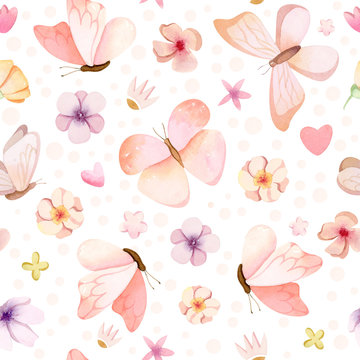 Hand painted watercolor cute pastel butterflies seamless pattern - background. 
