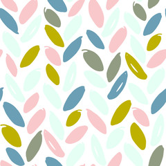 Scandinavian abstract geometric floral seamless pattern with pastel doodle hand drawn leaves on white background. Cute botanical vector texture for fabric print, wallpaper, wrapping paper, cards.
