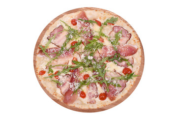 Pizza Italy on a wooden platter. Isolated on white. Italian Pizza Italy with bacon, prosciutto, mozzarella, parmesan, cherry tomato, arugula. View from above.