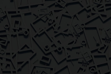 Abstract black background with geometric forms and frames. 