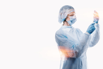 female doctor in medical mask on the face and gloves on a white background