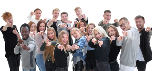 group of happy young people pointing at you.