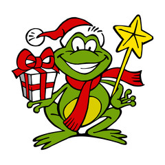 Frog with Santa hat and scarf holding magic wand and christmas gift in hand and laughing, color cartoon