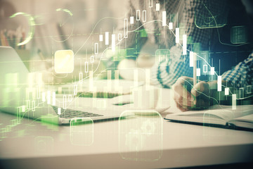Multi exposure of forex chart with man working on computer on background. Concept of market analysis.