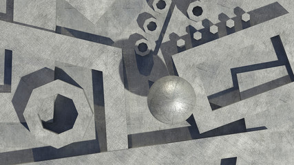 Futuristic background scratches metal forms. Abstract surface with geometric shapes.