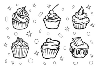 set of cupcakes with cream confectioner food baking textile print outline stroke sweets vector relish