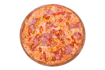 Pizza Mexicana on a wooden platter. Isolated on white. Italian Pizza Mexican with ham, mozzarella, cherry tomato, corn, chili pepper. View from above.