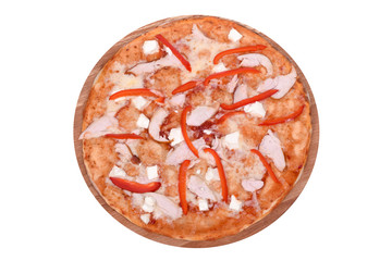 Pizza East on a wooden platter. Isolated on white. Italian Pizza East with smoked chicken fillet, mozzarella, feta, bulgarian pepper, BBQ sauce. View from above.