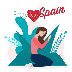 Praying hands with Covid-19 or novel coronavirus, pray for Spain, save spanish people concept, sign symbol background, vector illustration.