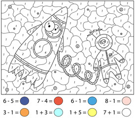 Astronaut and rocket. Addition and subtraction tasks. Color by number educational game