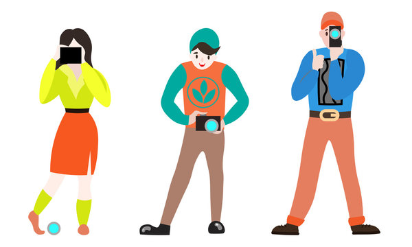 Set of different male and female photographers in different action poses. Vector illustration in a flat cartoon style.