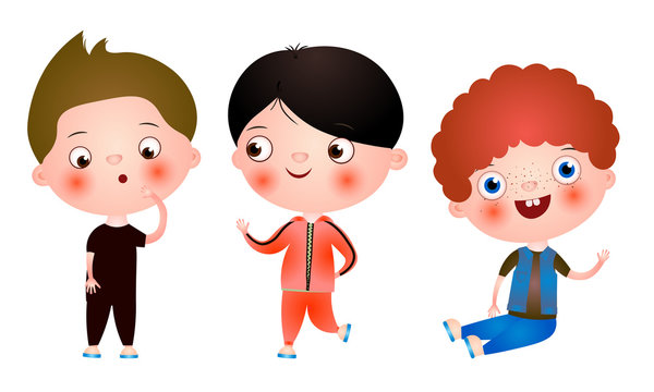 Set of funny cute little boys with funny haircuts spending free time having fun and playing. Vector illustration in a flat cartoon style.