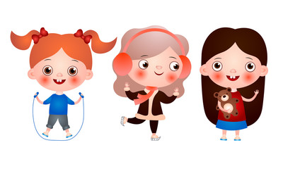 Set of funny cute little girls spending free time having fun and playing. Vector illustration in a flat cartoon style.