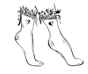 Illustration of legs in socks with flowers. Drawing a pen.