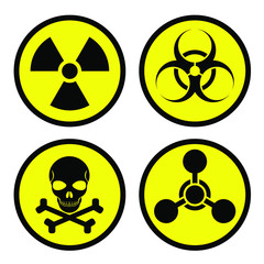Radiation sign, biological contamination icon, chemical weapons symbol. Weapons of mass destruction icons: nuclear, biological, chemical - obrazy, fototapety, plakaty