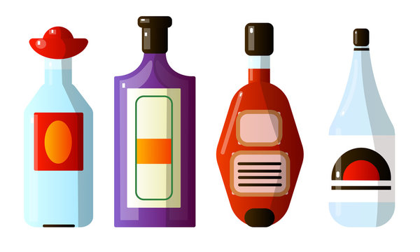 Set of different alcoholic beverages in bottles of different shapes. Vector illustration in a flat cartoon style.