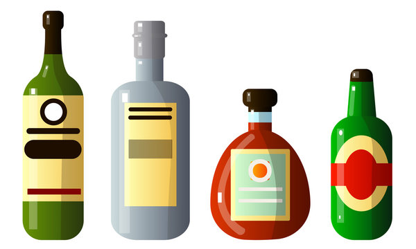 Set of different alcoholic beverages in bottles of different shapes. Vector illustration in a flat cartoon style.