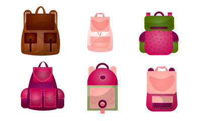 Set of modern outdoor backpacks of different shapes and colors for various people. Vector illustration in flat cartoon style.