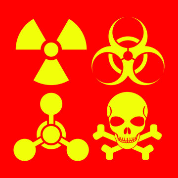 Radiation sign, biological contamination icon, chemical weapons symbol. Weapons of mass destruction icons: nuclear, biological, chemical