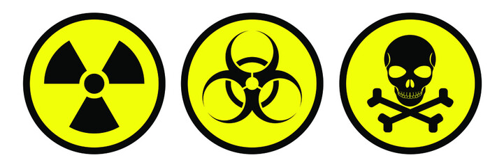 Radiation sign, biological contamination icon, death or skull symbol. Set of stickers of weapons of mass destruction.