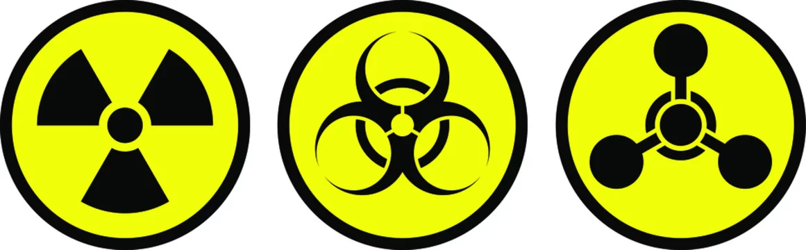 Radiation sign, biological contamination icon, chemical weapons symbol. Set  of stickers of weapons of mass destruction. Stock Vector | Adobe Stock