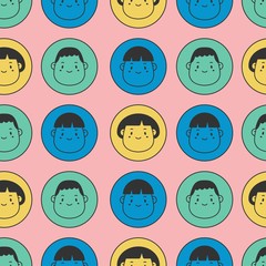 Outline male and female Avatars in circles. Various Haircuts. Minimalistic Icons. Colorful Graphic Vector Seamless pattern. Cartoon Asian style. Simple cute design. Pink background. Wallpaper