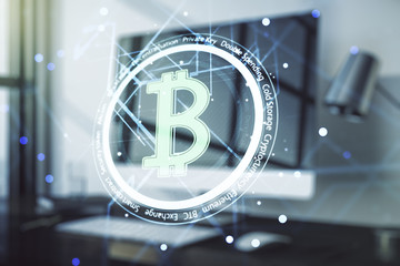 Creative Bitcoin concept with modern laptop background. Multiexposure