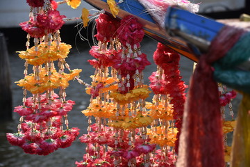 Flower Chains Hanging from Boat, Full Frame, Bangkok, Thailand