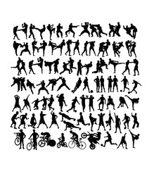 Sport Activity Silhouettes, martial art, football, gym fitness and cycling, art vector design