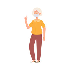 Vector illustration with standing old woman in medical face mask