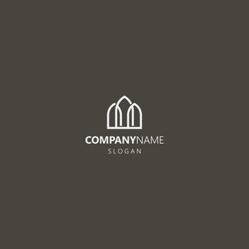 white logo on a black background. simple vector line art outline iconic logo of three gothic pointed arches or windows
