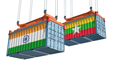 Shipping containers with Myanmar and India flag. 3D Rendering 