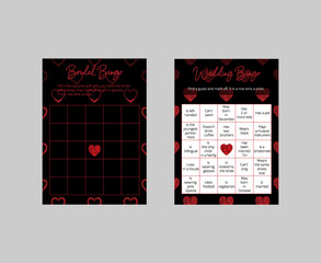Collection of wedding and bridal bingo cards. Elegant dark black and red tickets with polygonal hearts. Scaled vector templates: 10*14 in. Games for wedding reception and bridal shower