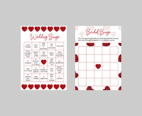 Bingo game cards for wedding reception and bridal shower. Elegant tickets with red polygonal hearts. Scaled vector templates: 10*14 in