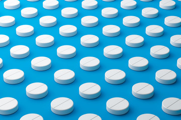 White pills of many painkillers with a pattern on a medical background. Tablet pills for alleviating illness or fever. 3D rendering. - obrazy, fototapety, plakaty