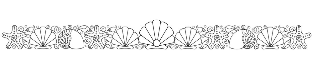 Marine vector divider for coloring book. The border is a separator made of shells, scallop shells with pearls and starfish - a template for decorating anti-stress coloring pages. Outline. Hand drawing