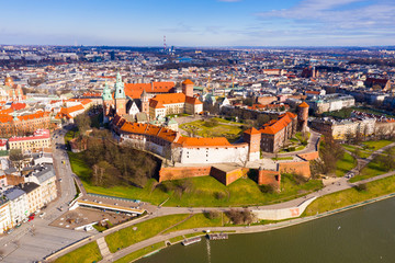 Aerial view of Wawel Hill with Castle complex, Krakow, Poland