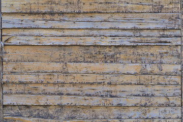 Wall of an old wooden house. The building was built of timber using old technologies.