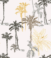 Palms Grey Brown Colors with Umbrellas, Tropical Textile Design, T-Shirt Male Print, Exotic Paradise Plants at the Beach, Hawaiian Motifs - 336369156