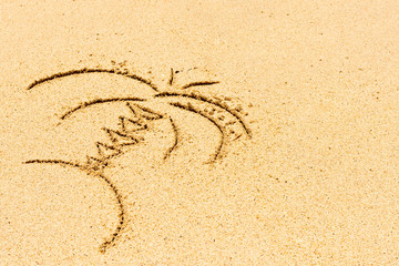 Image of palm tree  and wave drawing on sand. Sandy background.