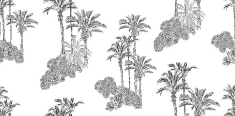 Palm Trees Wallpaper, Isolated Groups of Jungle Plants Lithograph Grey on White Background, Hand Drawn Etching Tropical Illustration - 336369922